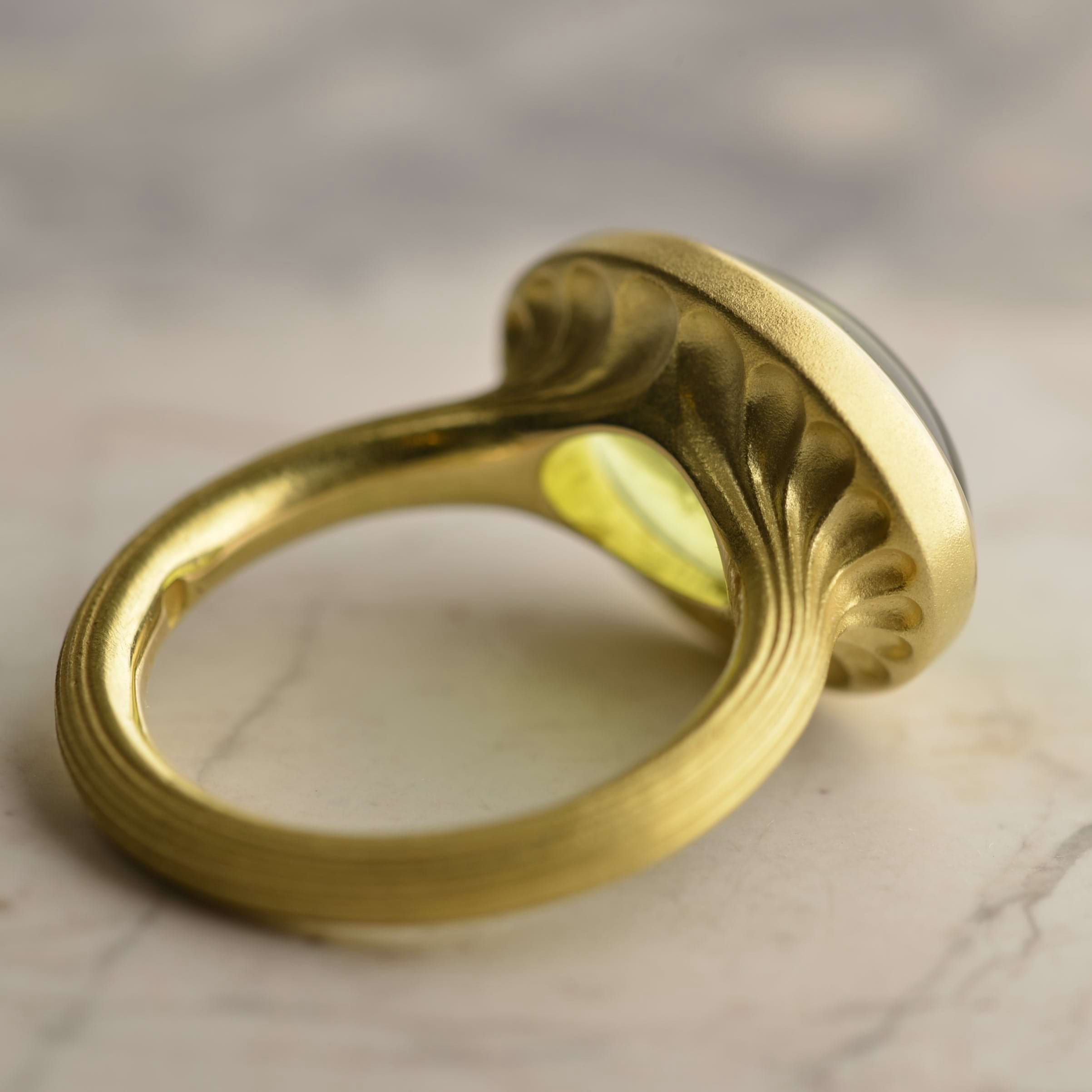 Back view of 18ct yellow gold ring showing fluted band detail and Nicky's signature acid etched surface. Handmade by Sydney jeweller Nicky Burles.