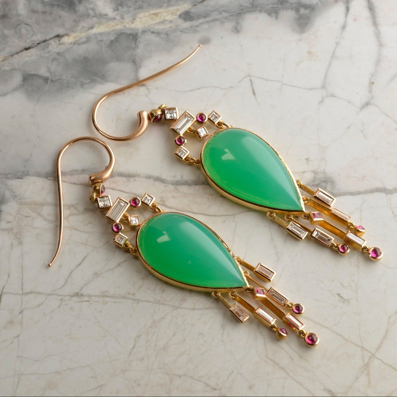 Rose gold handmade earrings with Australian chrysoprase teardrop-shaped centre-stone with sapphire and diamond tassels. Handmade by Sydney Jewellery Nicky Burles.