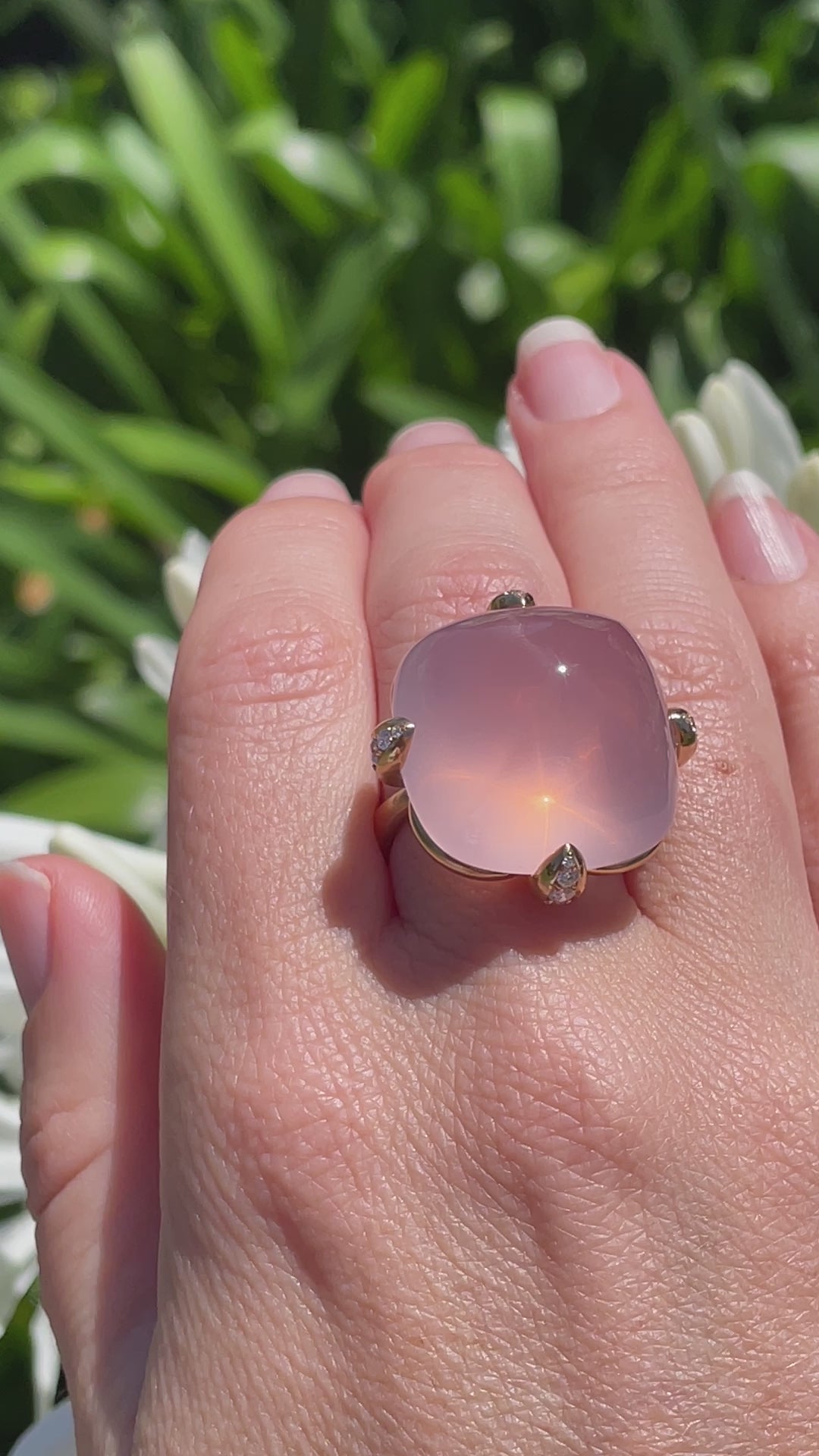 Wearing 50 carat rose quartz ring set in 18-carat gold with pave-set claws adorned in natural diamonds. Handmade by Sydney jeweller Nicky Burles.