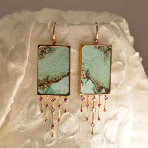 Rose gold earrings featuring Australian turquoise tablets complemented by ruby cabochons and diamonds tassels. Handmade by Sydney jeweller Nicky Burles.