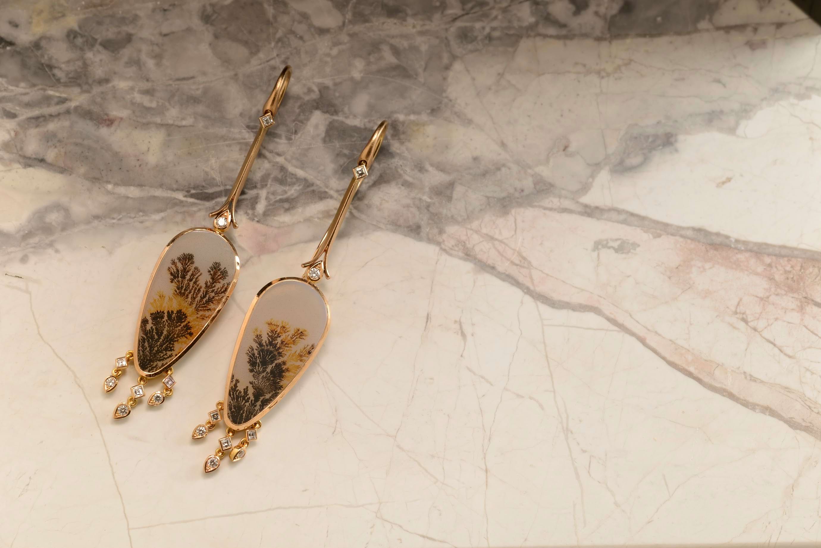 Bespoke 18ct rose gold earrings featuring dendritic agate stones, accented with diamonds. Handmade by Sydney jeweller Nicky Burles.