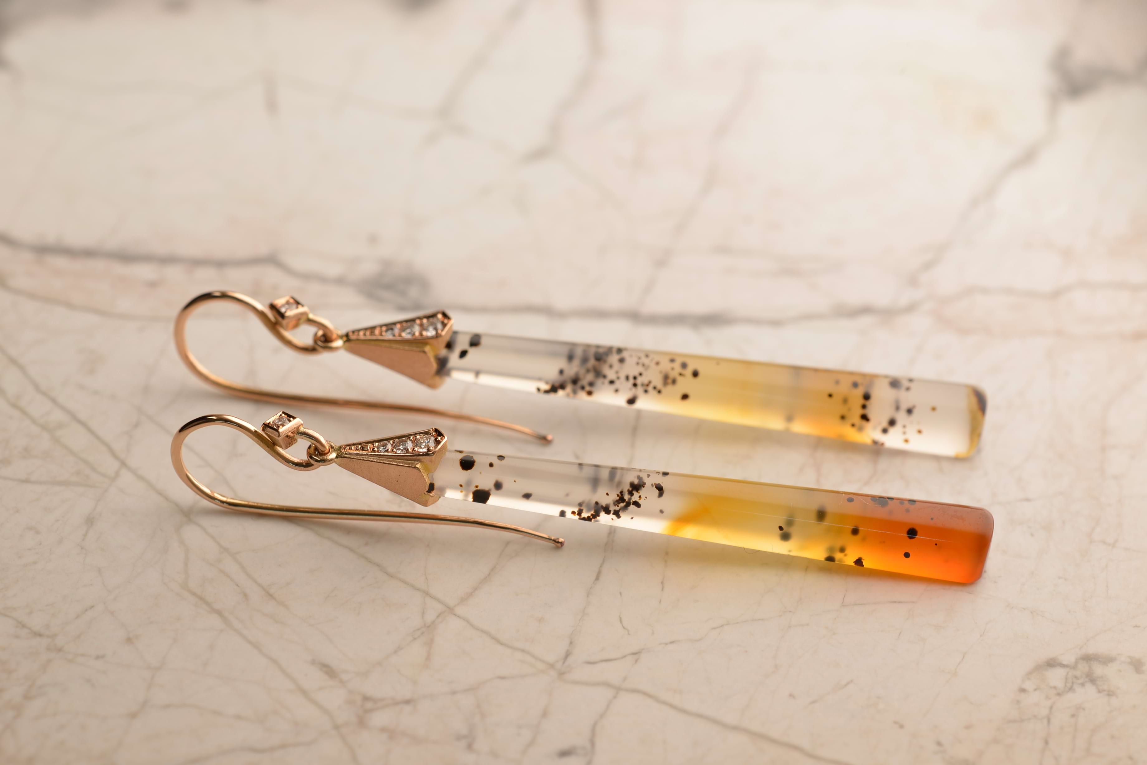 Large Drop Montana Agate Earrings, hand crafted in 18ct rose gold featuring 8 Diamonds. Handmade by Sydney jeweller Nicky Burles.